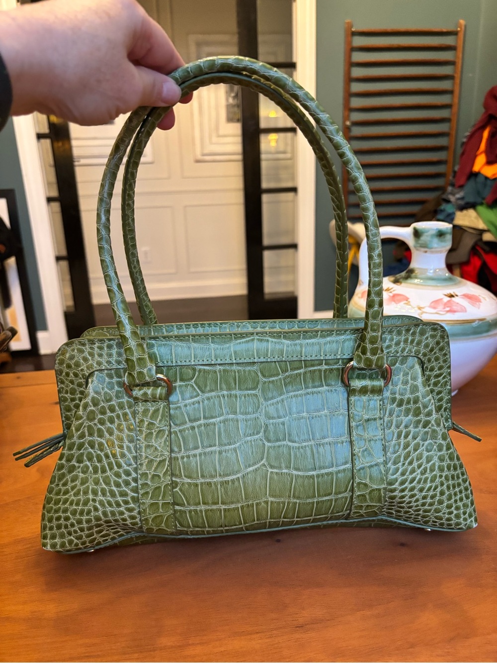 Vintage Y2K Casual Corner Annex Green Croc-Embossed Structured Satchel Bag